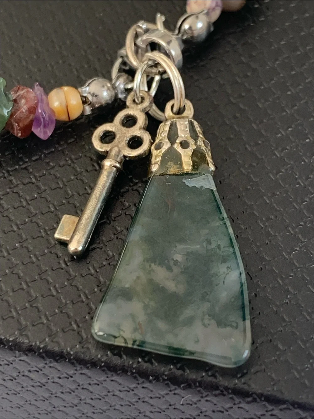 Multicolor Beaded Gemstone Charm Bracelet with Moss Agate Pendant